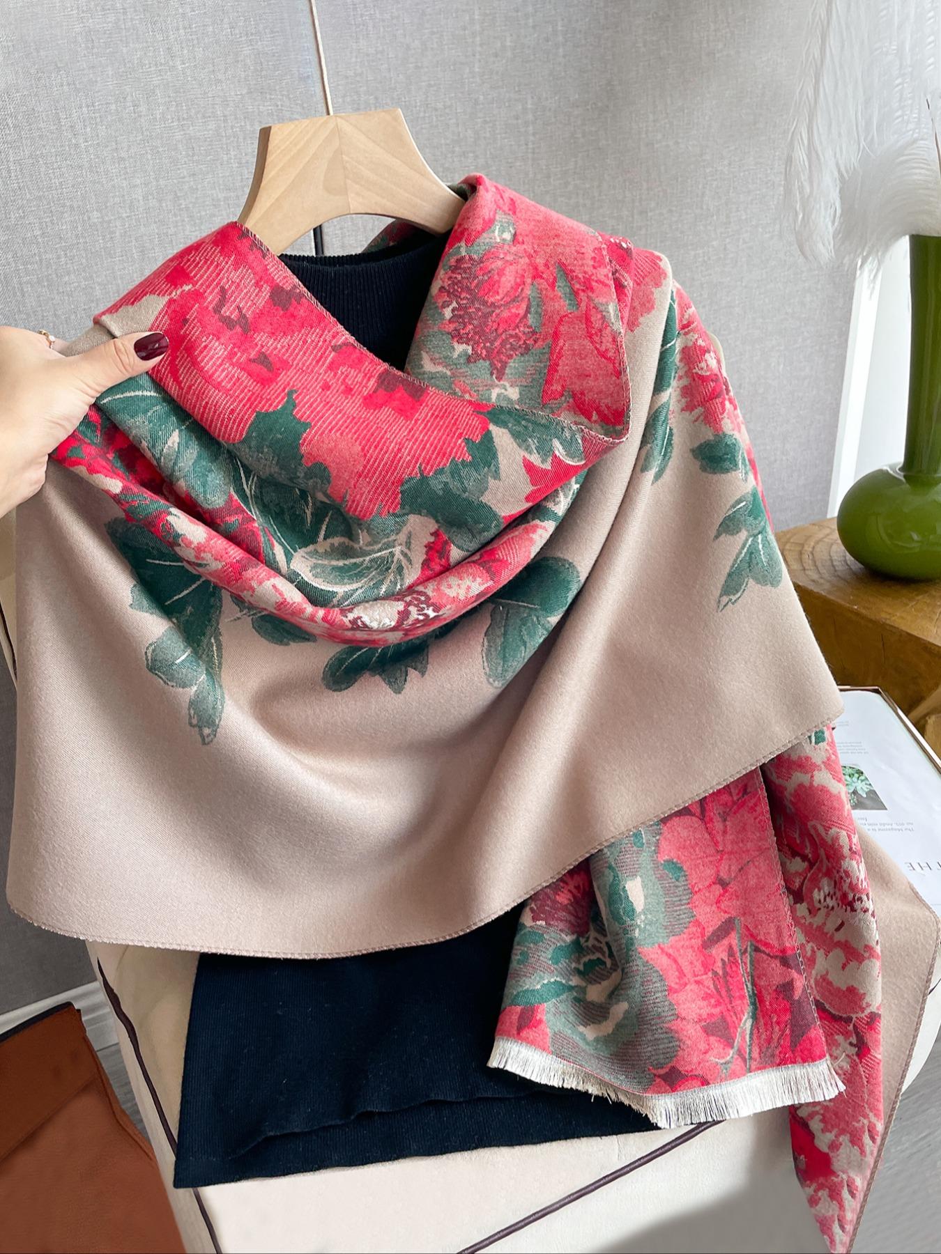Women's Fashion Scarf, Floral Jacquard Shawl, Warm Thick Woven Fabric, Elegant Fitted Design, Perfect for Fall & Winter Wear