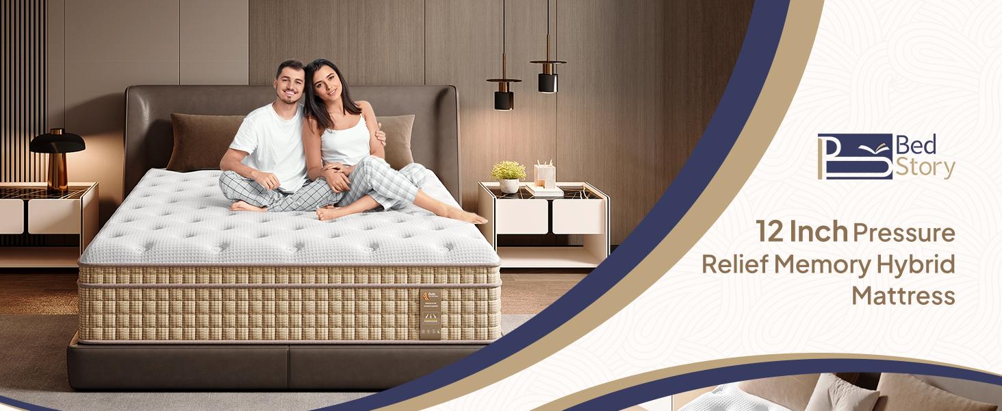 BedStory 10-14'' Hybrid Mattress, Gel Memory Foam, Pocket Springs for Pressure Relief, Queen King Bed, Luxury Ergonomic Modern Comfy home furniture