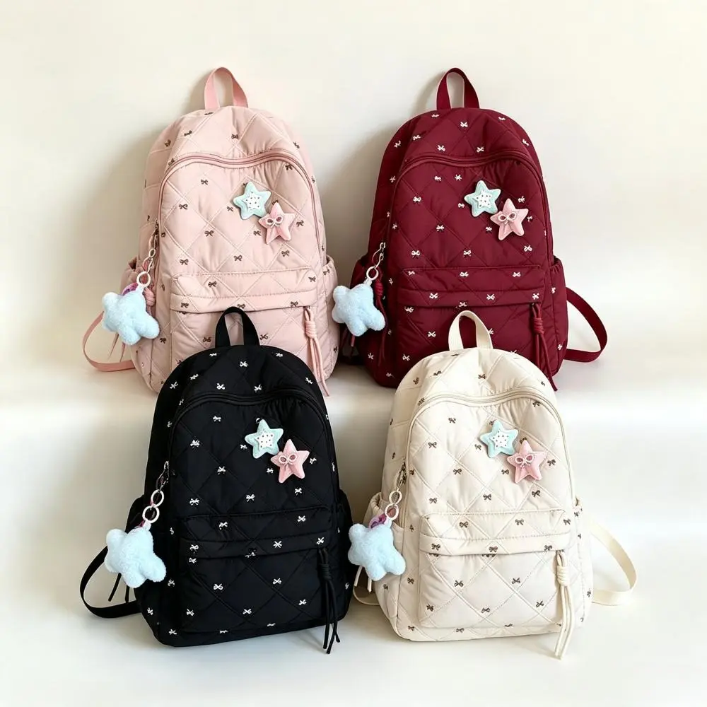 Women's Nylon Quilted Pattern Backpack, Female Campus Commute Lightweight Puffer Bag with Slip Pockets - Minimalist, Stylish, Spacious for College Laptop Book Daypack