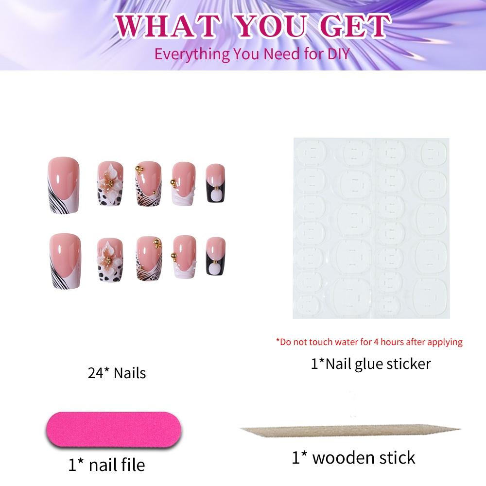 24pcs Short Square Nails Leopard French Flower Gold Pearl Design ...