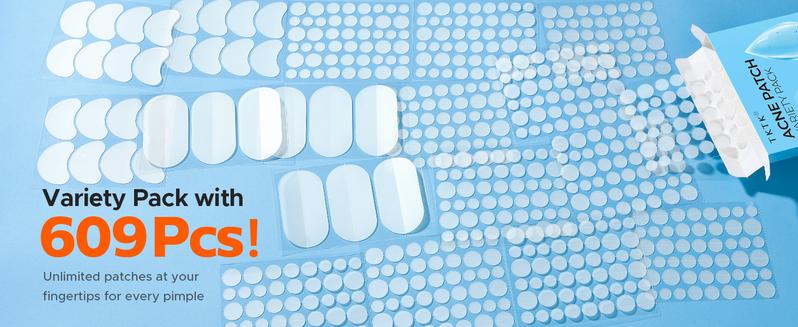 TKTK 609 Count Pimple Patches for Face, Hydrocolloid Acne Patch Bulk, Acne Stickers for Covering Cheeks, Forehead, Chin Blemishes Zit Breakouts for All Skin Types (Dots, Strip, Contoured 5 Sizes)