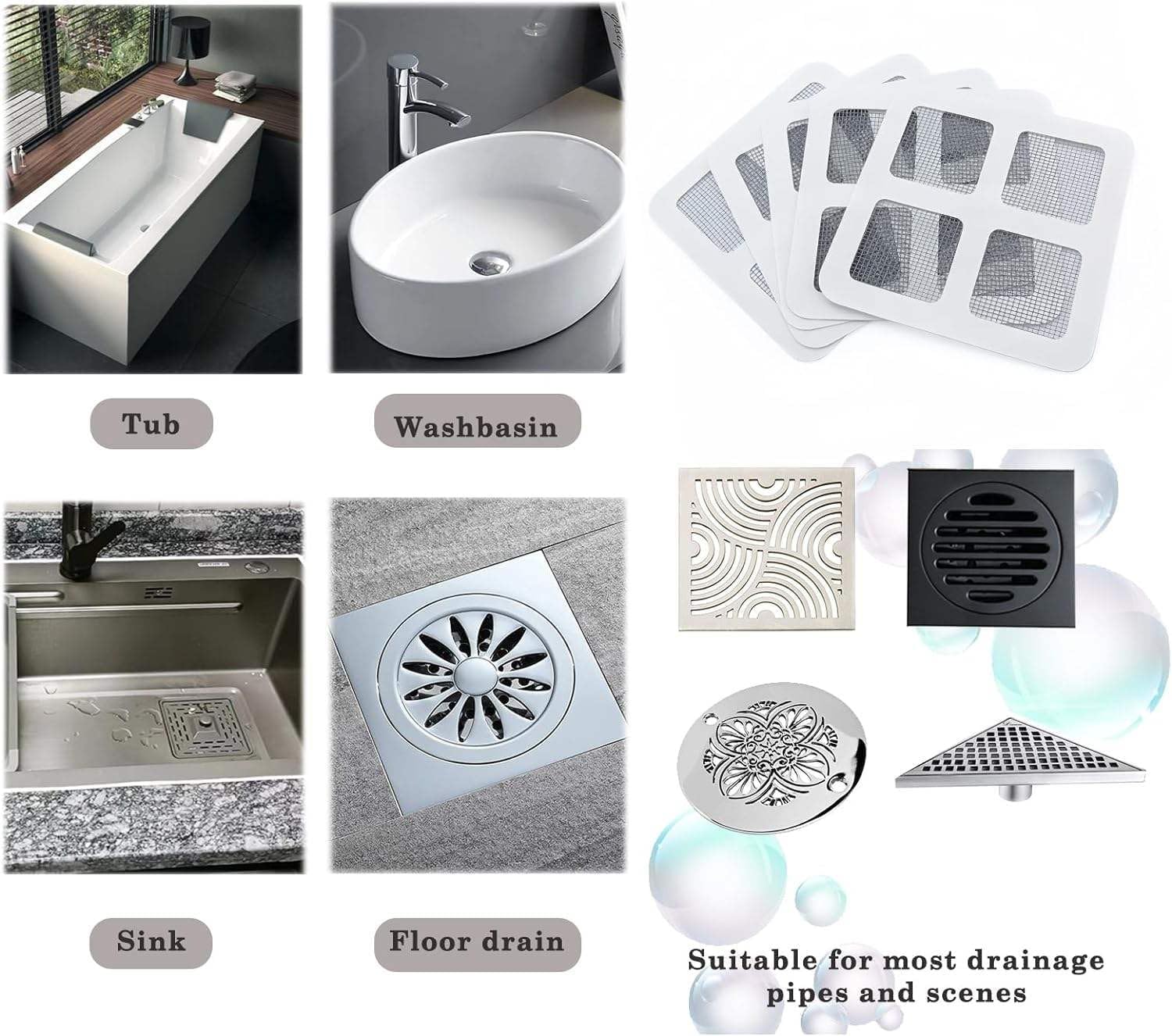 30 Counts Disposable Shower Drain Cover, Hair Catcher with Square Design, Mesh Stickers for Bathroom, Laundry, Bathtub, Sink, Adhesive Repair Tape Kit