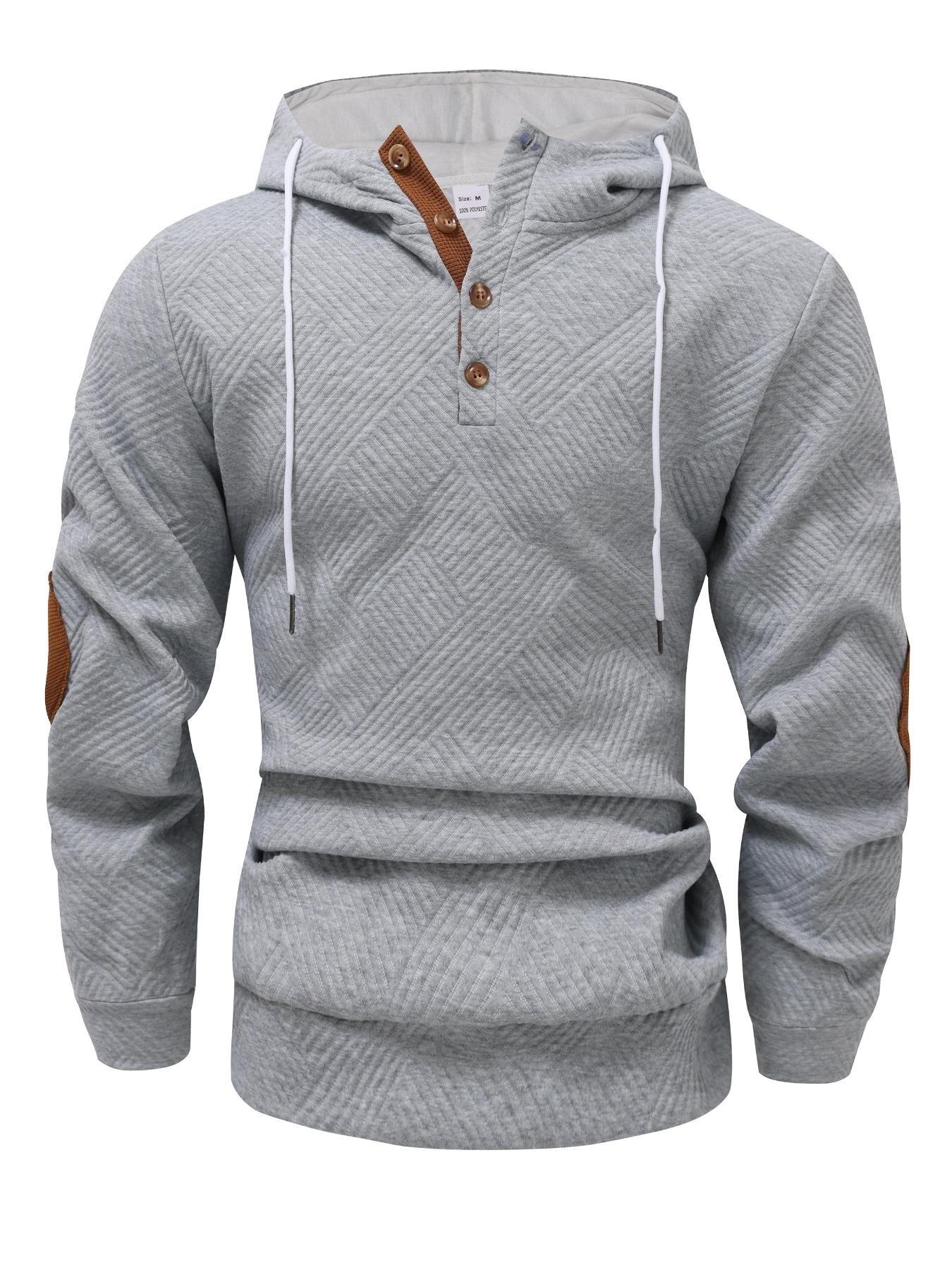 Men's solid color hoodie with texture, basic spliced color elbow patch design casual long sleeve top, men's autumn and winter hoodie, mens clothing, sports apparel, Fitted