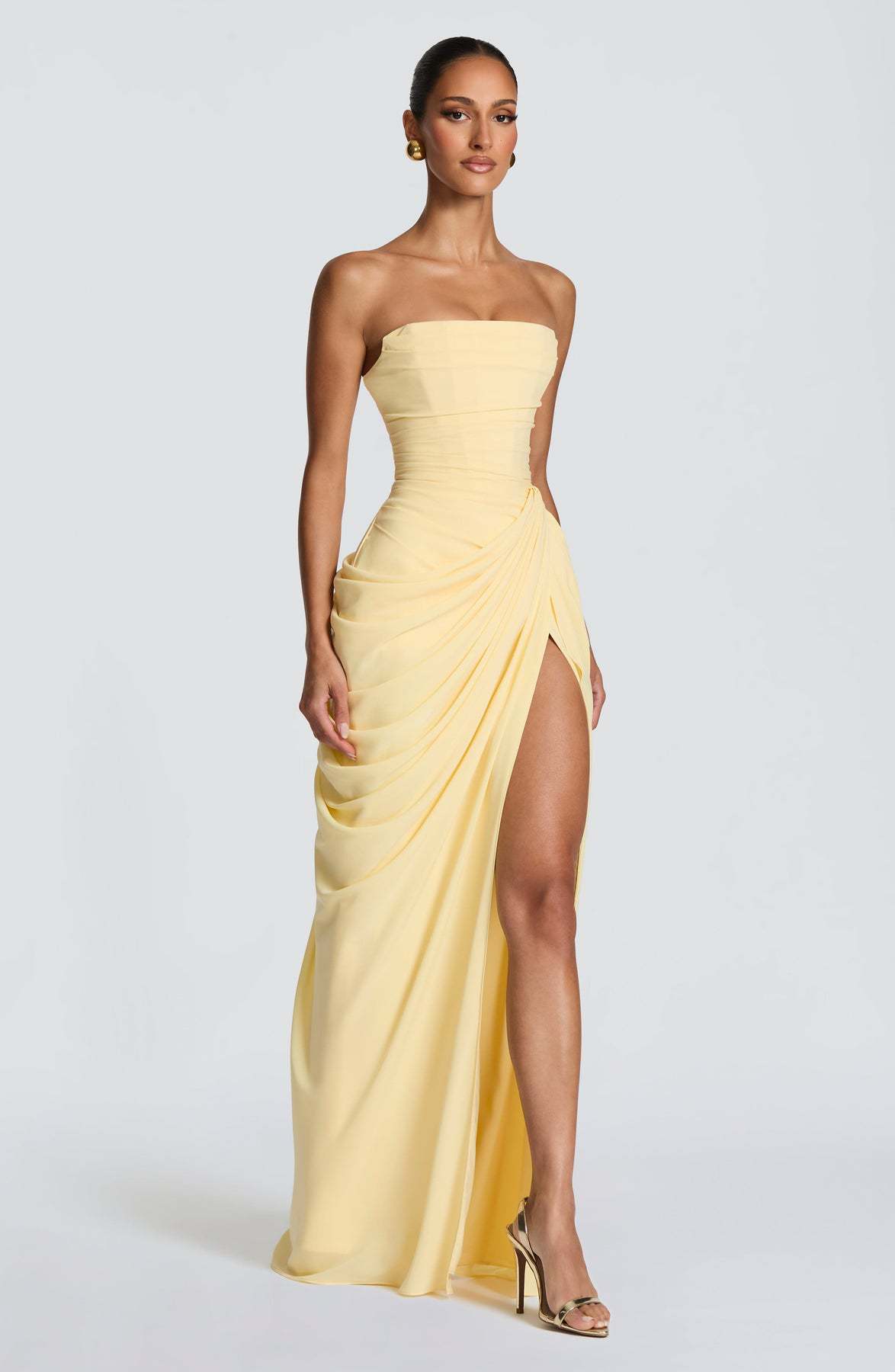 2026 European and American New Style Asymmetrical Pleated Sexy High-Slit French Romantic Strapless Pleated Slit Dress