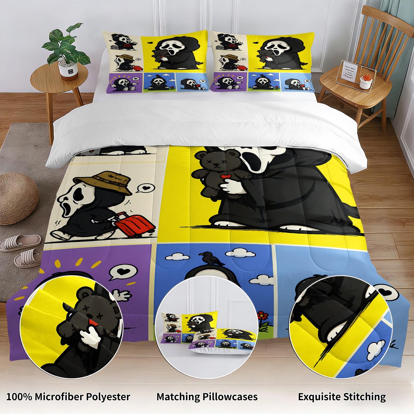 Color-Block Plaid Chibi Hugging a Teddy Bear, Pulling a Suitcase and Playing Phone Ghostface Print Comforter Set & 1-2 Pillowcases, Comfortable Easy Care Bedding, Halloween or Movie Fans Bedroom Dorm Decor