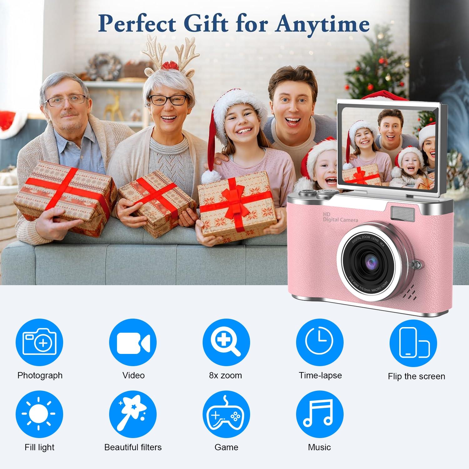 Portable Digital Cam, Student Camera, Compact Pocket Camera, 180° Degree Flip Screen Camera For Women, Entry-Level 1080P Pink Camera With 32GB Memory Card, Video Vlog, Photography, Birthday, Christmas New Year Gift