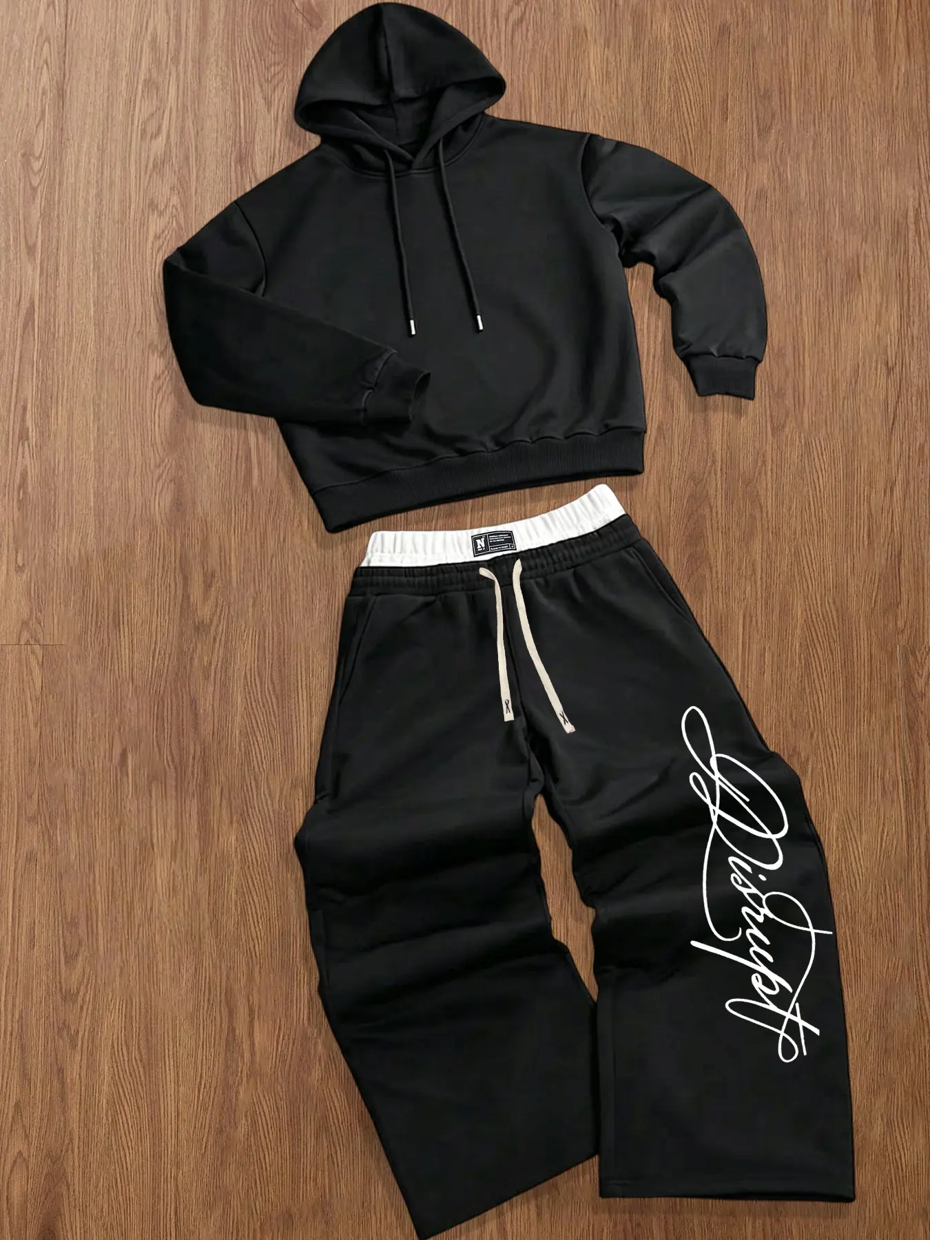 Men's Vintage Handwritten Print Streetwear Set, Loose Hoodie + Wide Leg Pants, Breathable Knit Material, Versatile Casual