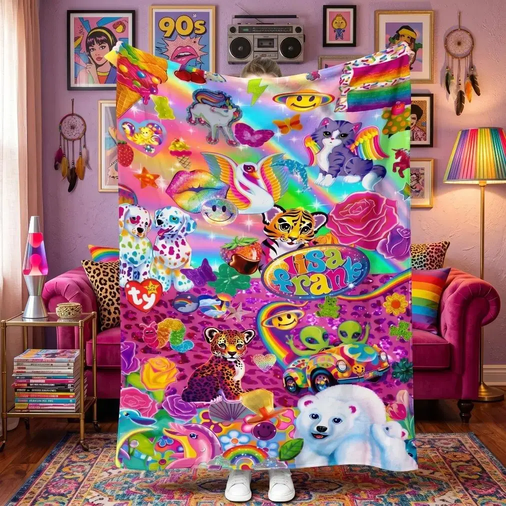 Lisa Frank Collage Flannel Blanket, Vibrant Playful Character Print, Soft Warm Throw for Home Relaxation, Nostalgic 90s Style
