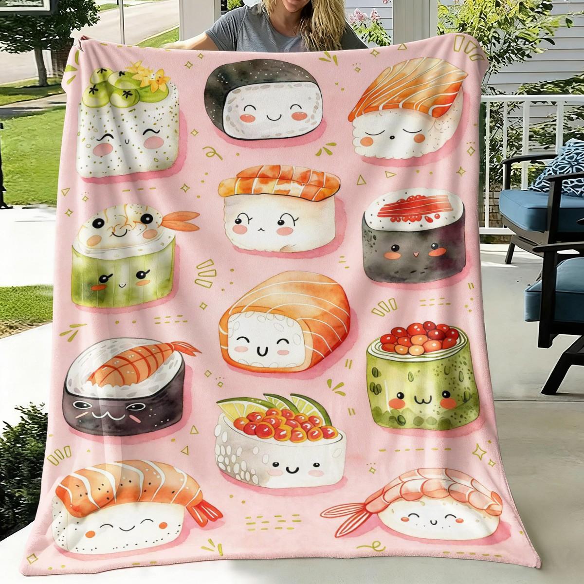 Cute Sushi Pattern Flannel Blanket, Soft Skin-Friendly Warm, Easy to Store, Multi-Scene Home Office Travel Throw, Suitable for Sushi Lovers
