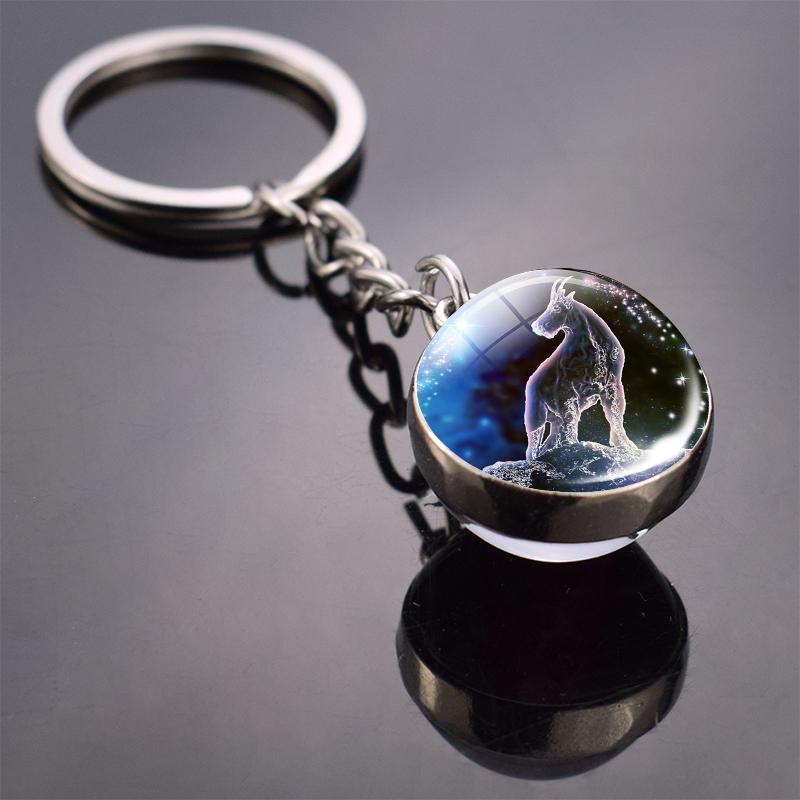 New Fashion Double Side Glass Ball Pendant Keychain 12 Zodiac Signs Keyring for Boyfriend Girlfriend Birthday Gifts