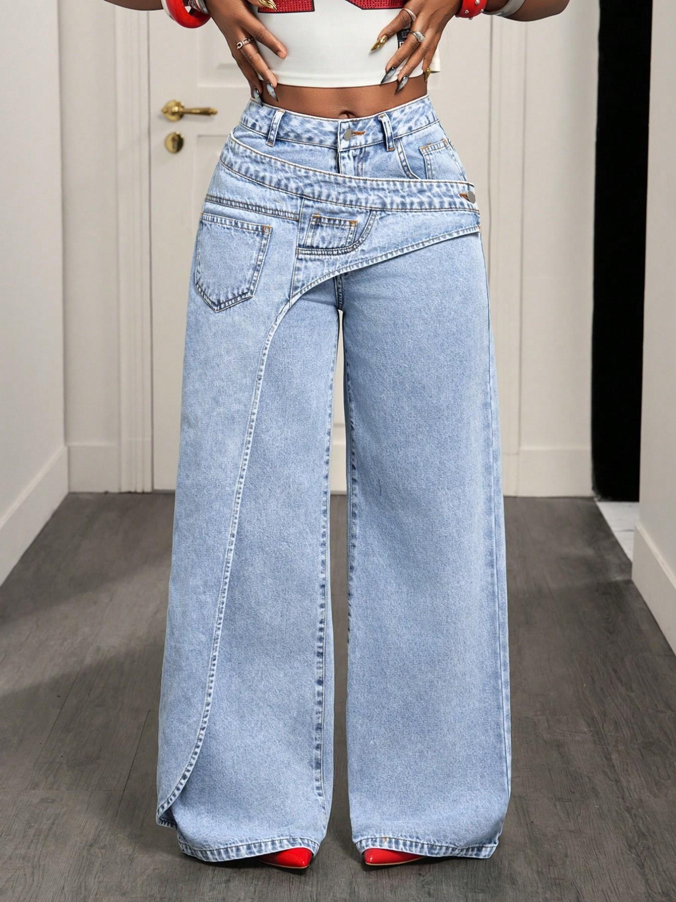 Women's Casual Denim Long Pants, Elegant Plain Pattern, Loose-Fitting, All-Season Fashion, Trendy Asymmetrical Design, Jeans Women's Casual Denim Long Pants, Elegant Plain Pattern, Loose-Fitting, All-Season Fashion, Trendy Asymmetrical Design, Jeans