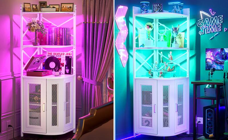 Unikito Corner Wine Cabinet with Charging Station, LED RGB Lights, 3 Outlets & 2 USB Ports, Industrial Freestanding Bar Cabinet with Glass Racks, Storage for Kitchen/Living Room, 64.2" Height