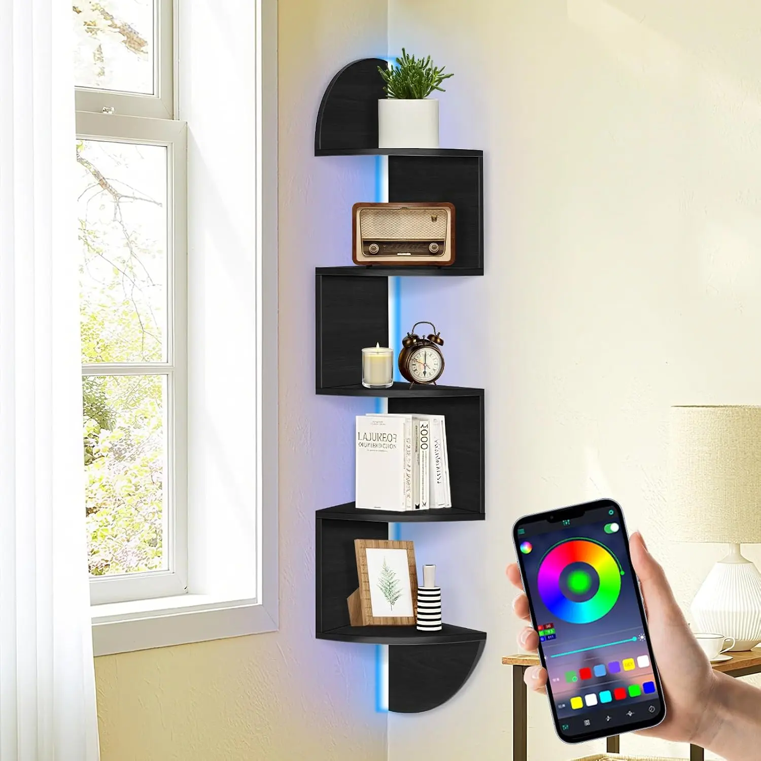 Corner Shelf Wall Mounted Corner Floating Shelves with Light | 5 Tier Corner Bookshelf Stand for Bedroom, Bathroom, Living Room, Kitchen, Office, Home Decor(Black)
