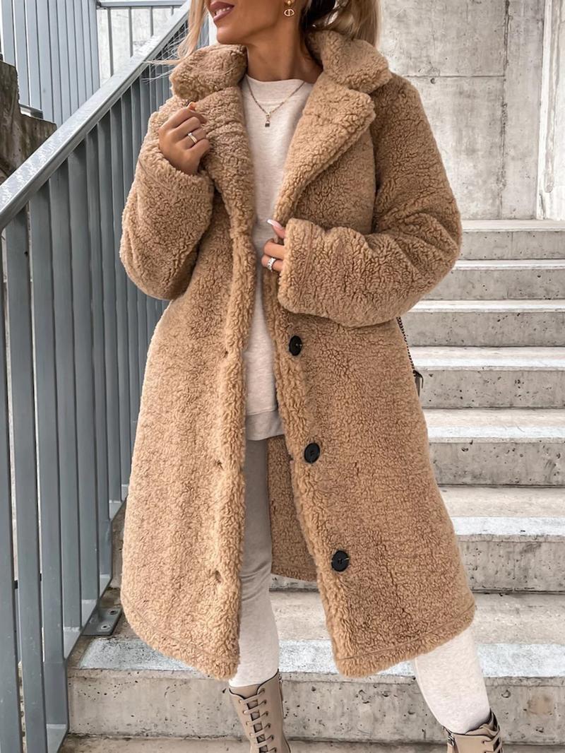 Women's Faux Fur Long Sleeve Lapel Coat, Plush Lined Overcoat, Casual Fashion Outerwear for Fall & Winter, Ladies' Warm Jacket