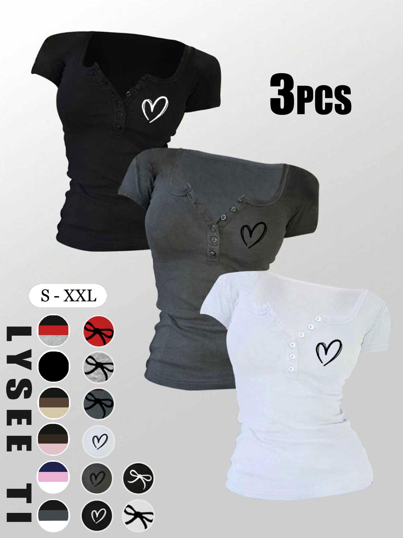 Women's Solid Button Round Neck Tee, Casual Short Sleeve Fitted T-shirt for Daily Wear, Ladies Clothes for All Seasons