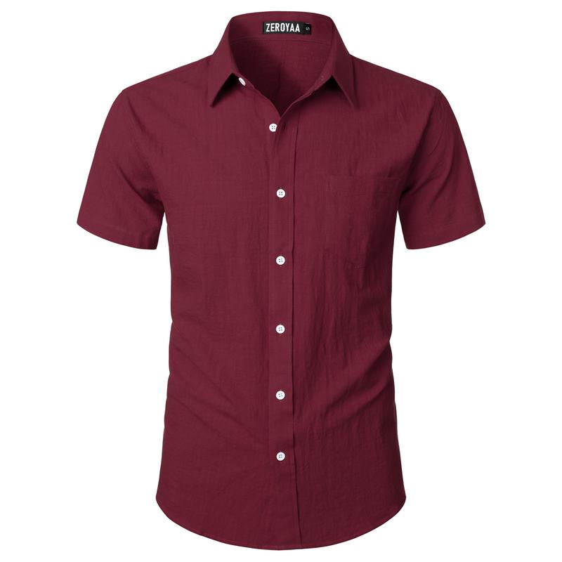 ZEROYAA Men's Fitted Cotton Linen Casual Short Sleeve Button Up Shirts Lightweight Beach Tops with Pocket