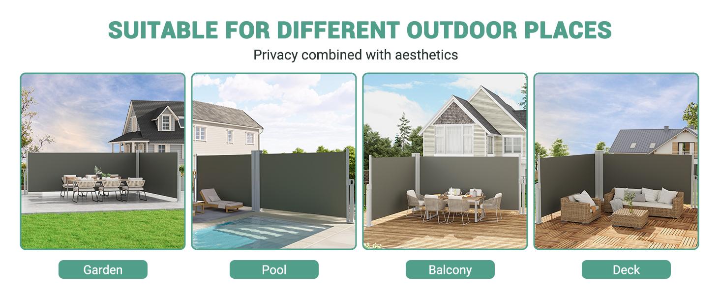 71 in x236 in Double Side Awning, Retractable Side Awning with 280 g Polyester Fabric, Rainproof and UV-Proof Folding Privacy Screen Privacy Fence, for Deck, Patio, Pools, Grey