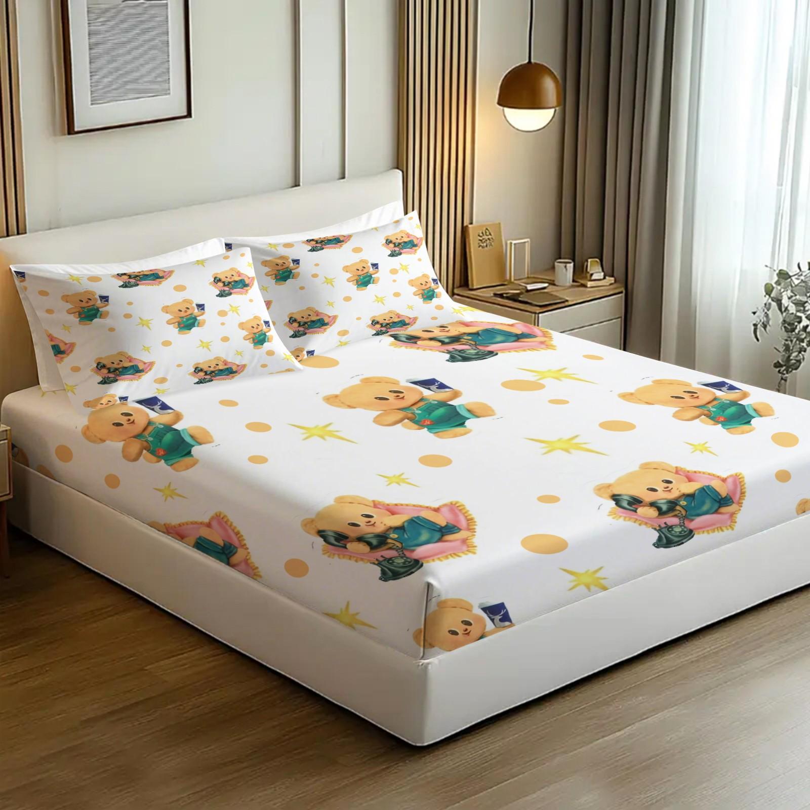 3 Pcs Cute Cartoon Bear Fitted Sheet Set, Kawaii Teddy Bear Microfiber Deep Pocket Kids Bedding, Ideal Gift for Bear Lovers and Children