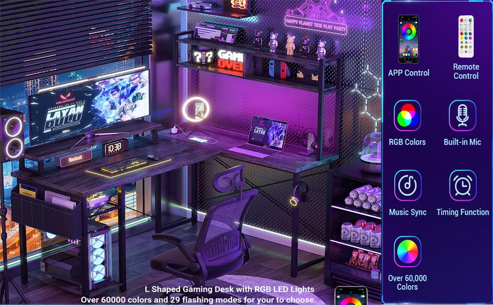 【Summer Sale】L Shaped Gaming Desk with Power Outlets, 48" Reversible Computer Desk with Monitor Stand & Storage Shelf, Small Gaming Desk with Led Lights, Corner Gamer Desk Home Office Desk with Storage Bag