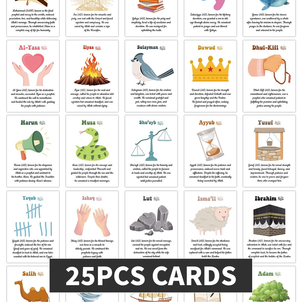 25pcs Islamic Prophet Flashcards, Visual Stimulation Cards, Islamic Figure with Illustrated Scenes, Educational Material for Home Schooling & Muslim Education, Gifts for Family, Friends for Collection or Worship During Ramadan and Eid
