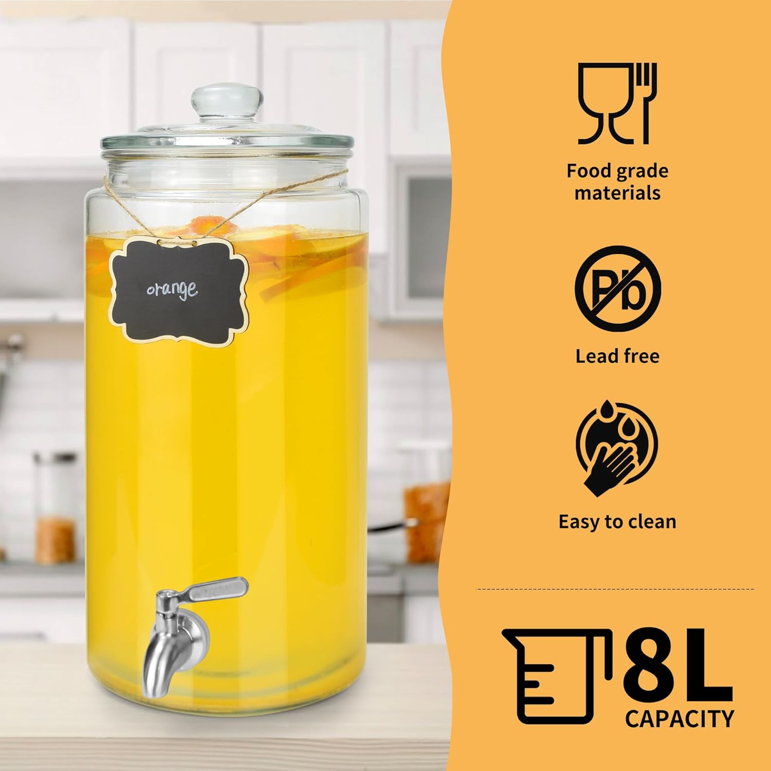 2 Gallon Beverage Dispenser 2 Pack, Stainless Steel Spigot Drink Dispenser for Parties with Stand, Clear Glass Drink Container Easy to Refill and Clean