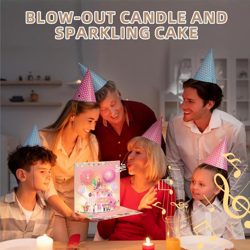 Cake Fireworks LED Candle Lights, 3D Birthday Card with Music and Colorful Lights, Musical Happy Pop-Up Birthday Card, Musical Birthday Gift Card for Kids, Wife, Husband, Grandpa, Grandma, Daughter, Son - Pink, Birthday Gift