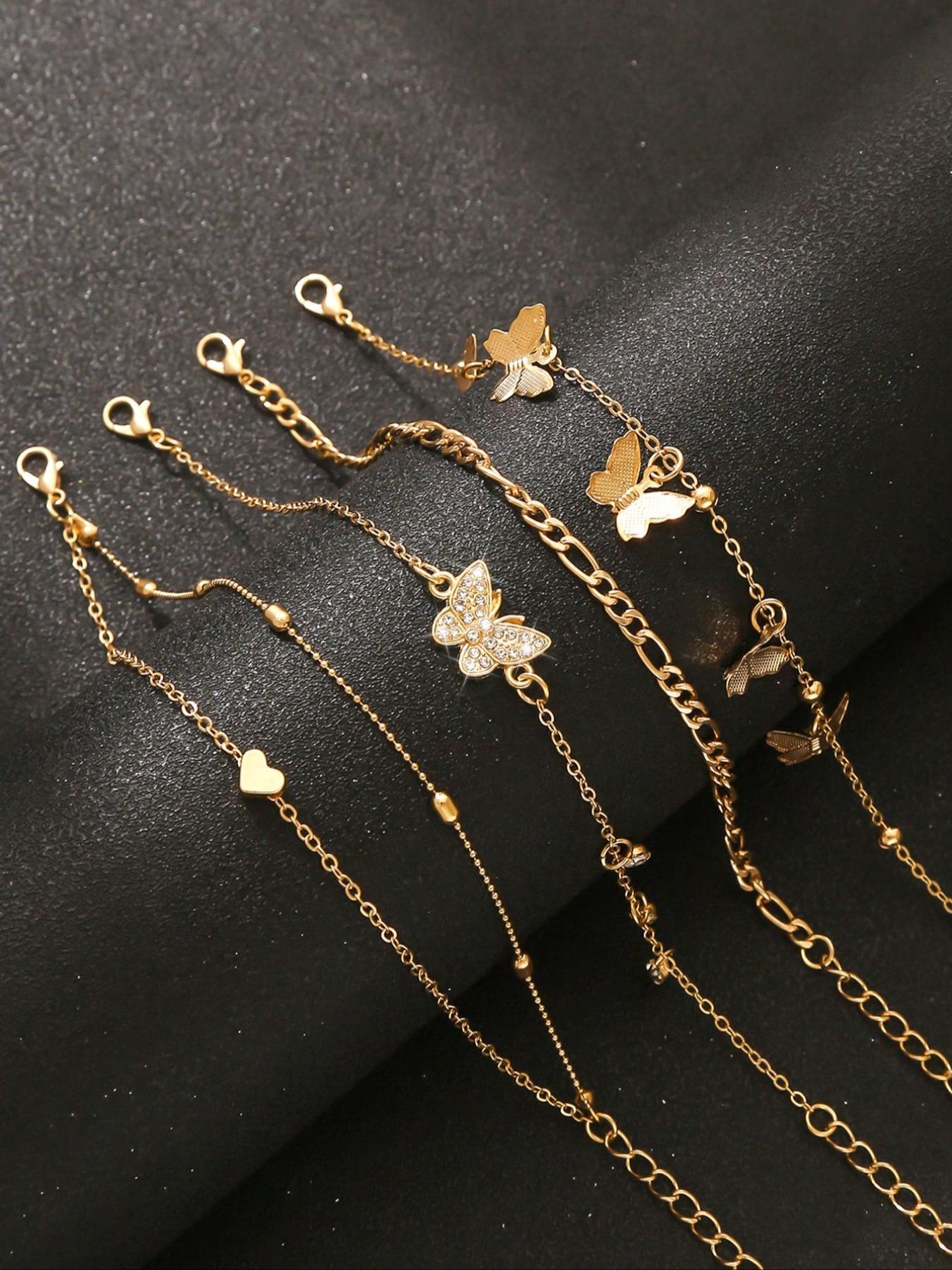 Set of 4 Boho Anklets for Women, Wearable Jewelry, Jewelry, Jewelry Accessories, Multi-Layer Beaded Anklet Set with Butterfly & Heart Designs, Embellished with Synthetic Diamonds, For Summer Holidays, Beach Parties & Bikini Outfits, Foot Jewelry