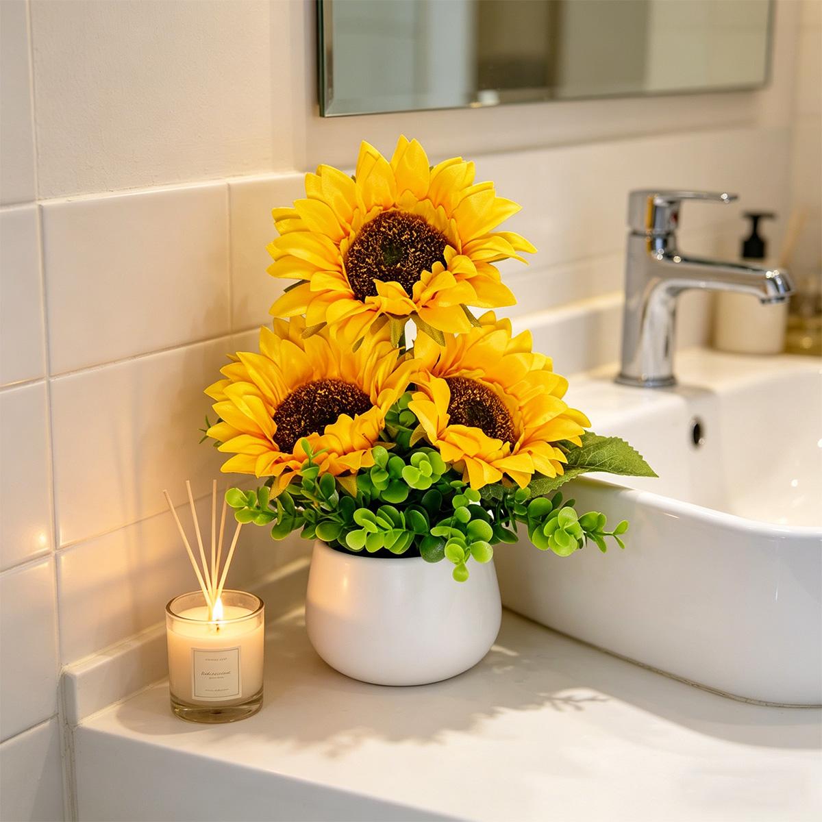 1pc Artificial Sunflower Arrangement in White Pot - Fake Yellow Sunflowers with Eucalyptus Greenery - No Maintenance Tabletop Decor for Home Office - Bright Floral Centerpiece, Housewarming Gift