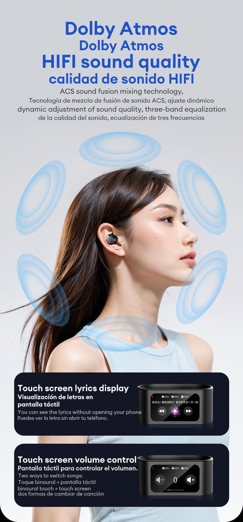 HYUNDAI SpaceAiPro Full-Color Touch Display Multifunctional Earbuds, Large Dynamic Stereo Sound Quality, Light-weigh & Waterproof Headphones with ENC Call Noise Canceling Mic