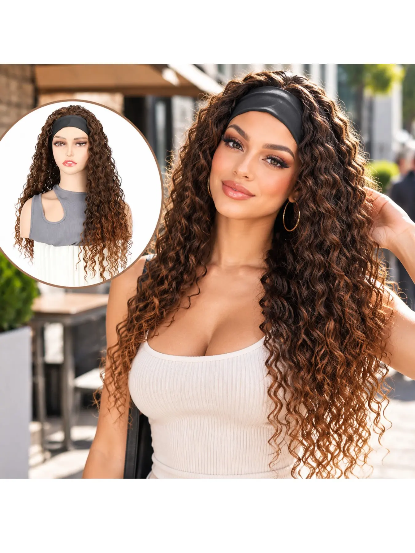 Burgundy Headband Wig 26 Inch Long Deep Curly Synthetic Wig for Black Women Wine Red Color Bold Curls Soft Natural Comfortable Headband for Halloween Christmas Winter Party Holiday Vampire Costume Night Out Glam Long Wig