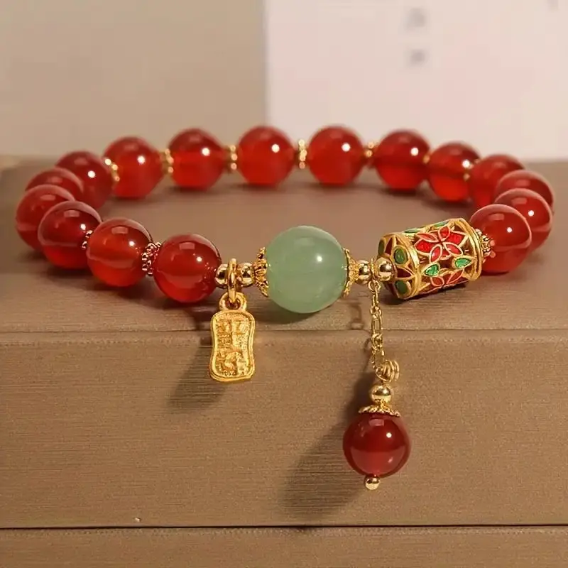 Women's Vintage Synthetic Red Agate Bangle - 1PC Lucky Red Bead Bracelet, Ideal Gifting Option for Close Loved Ones, Beads