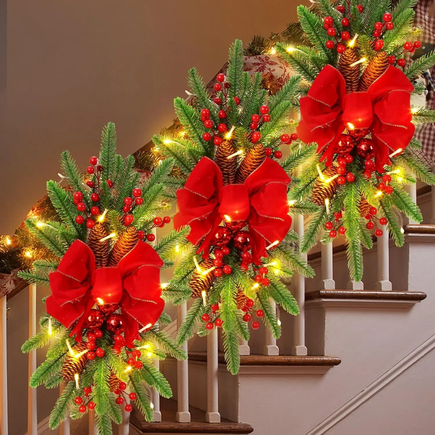 3 Pack Artificial Christmas Teardrop Swags 24" Xmas Cordless Prelit Stairway Swag Christmas Garland Stairs Rails Decoration with LED Lights for Indoor Outdoor(Red,Classic Style)