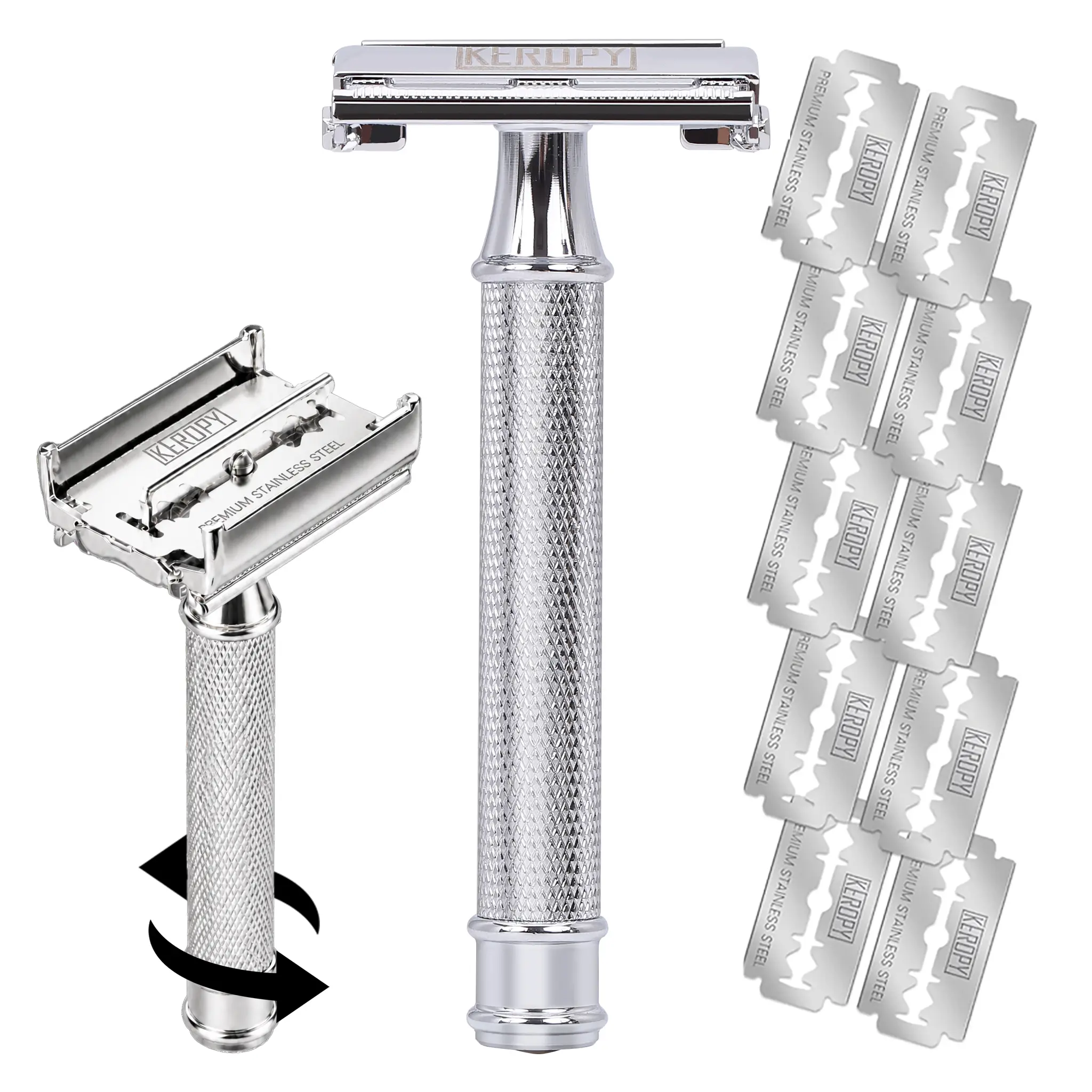 [Keropy] Men's DE Safety Razor - 10-in-1 Reusable Butterfly Metal Set with Premium Stainless Steel Blade Refills, Eco-Friendly Wet Shave Tool for Hair Removal, Beard & Mustache Remover, Double-Blade Razors
