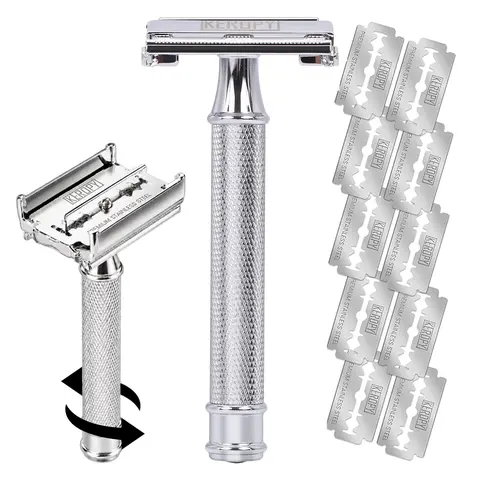 [Keropy] Men's DE Safety Razor - 10-in-1 Reusable Butterfly Metal Set with Premium Stainless Steel Blade Refills, Eco-Friendly Wet Shave Tool for Hair Removal, Beard & Mustache Remover, Double-Blade Razors