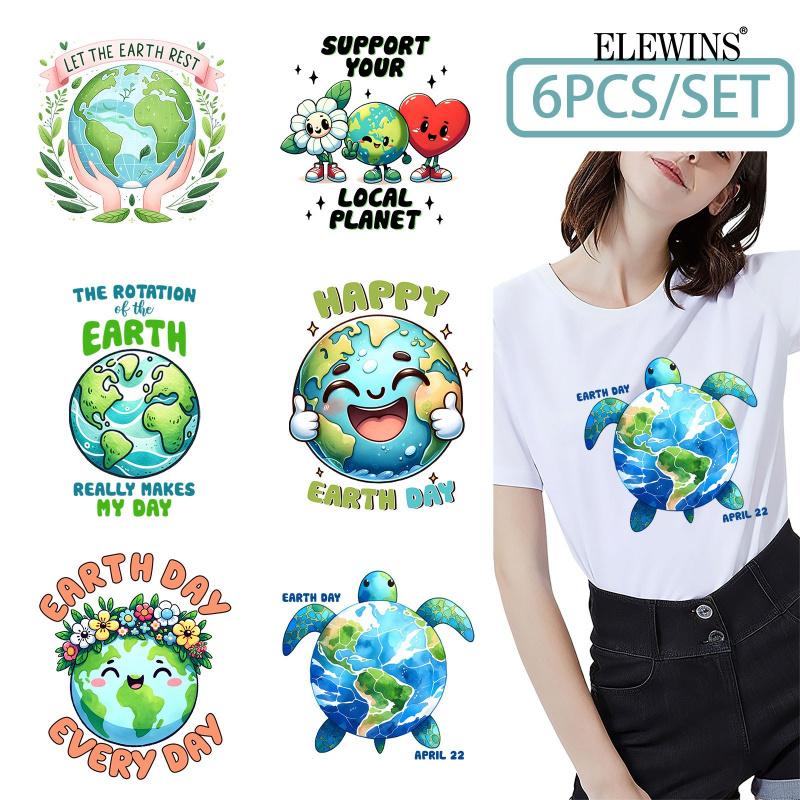 6 Pcs Earth Day Heat Transfer Vinyl Patches for DIY T Shirt Jeans Backpack Family Clothing Hats Crafts Decoration Iron on Stickers