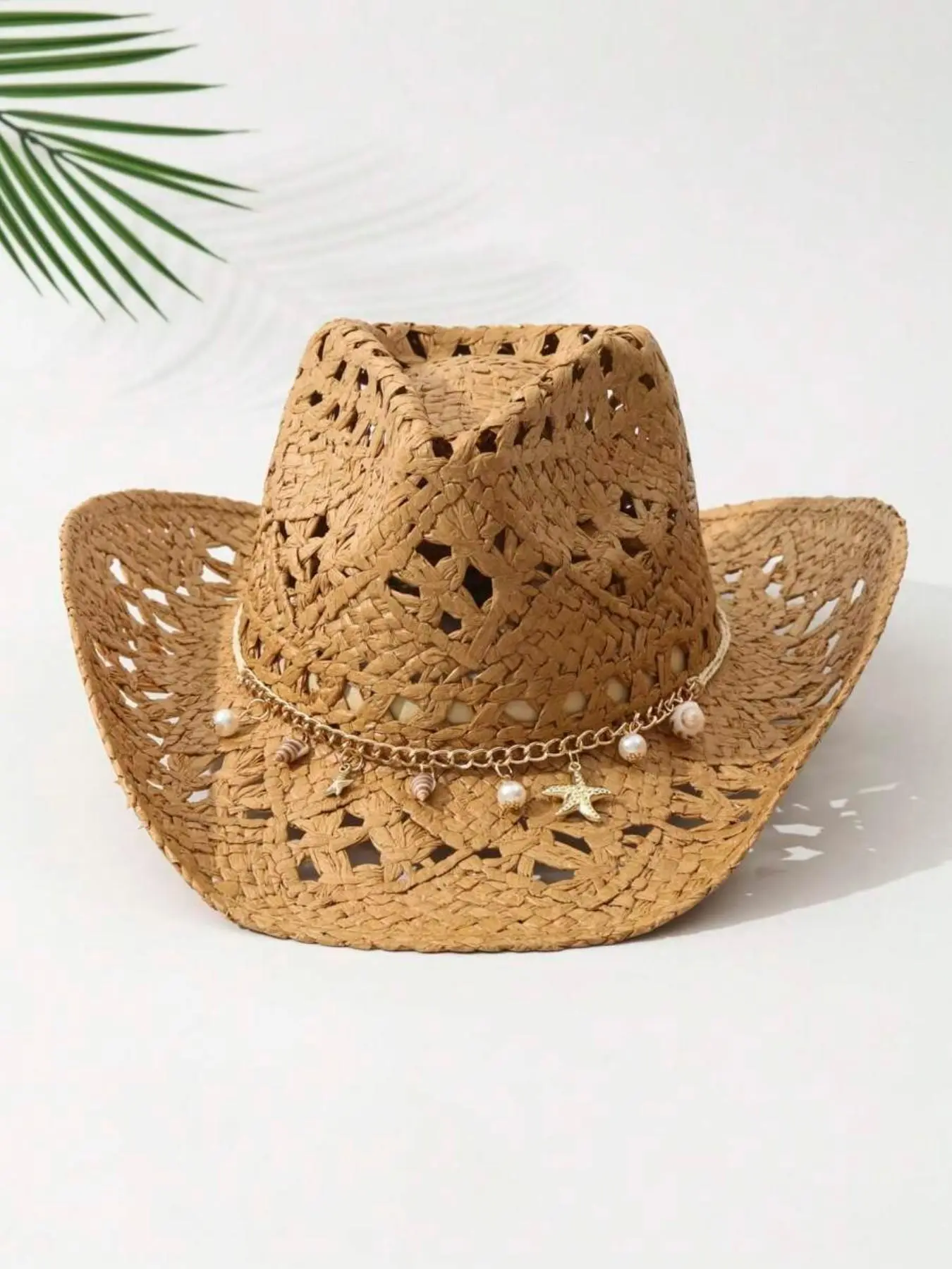 Women's Straw Pearl Shell Cowboy Hat, Foldable Beach Sun Protection Hat, Wide Brim Western Hat, Summer Fashion Accessory, Casual Hat