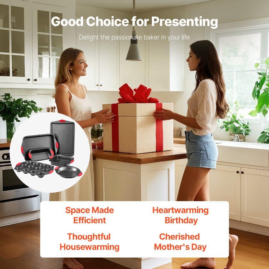VEVOR Baking Pans Set, 6-Piece, Nonstick Carbon Steel Cookware Sheets Trays, Stackable Kitchen Oven Bakeware Cooking Sets with Silicone Handles, Easy to Clean, for Baking Cookie Cake Muffin Bread