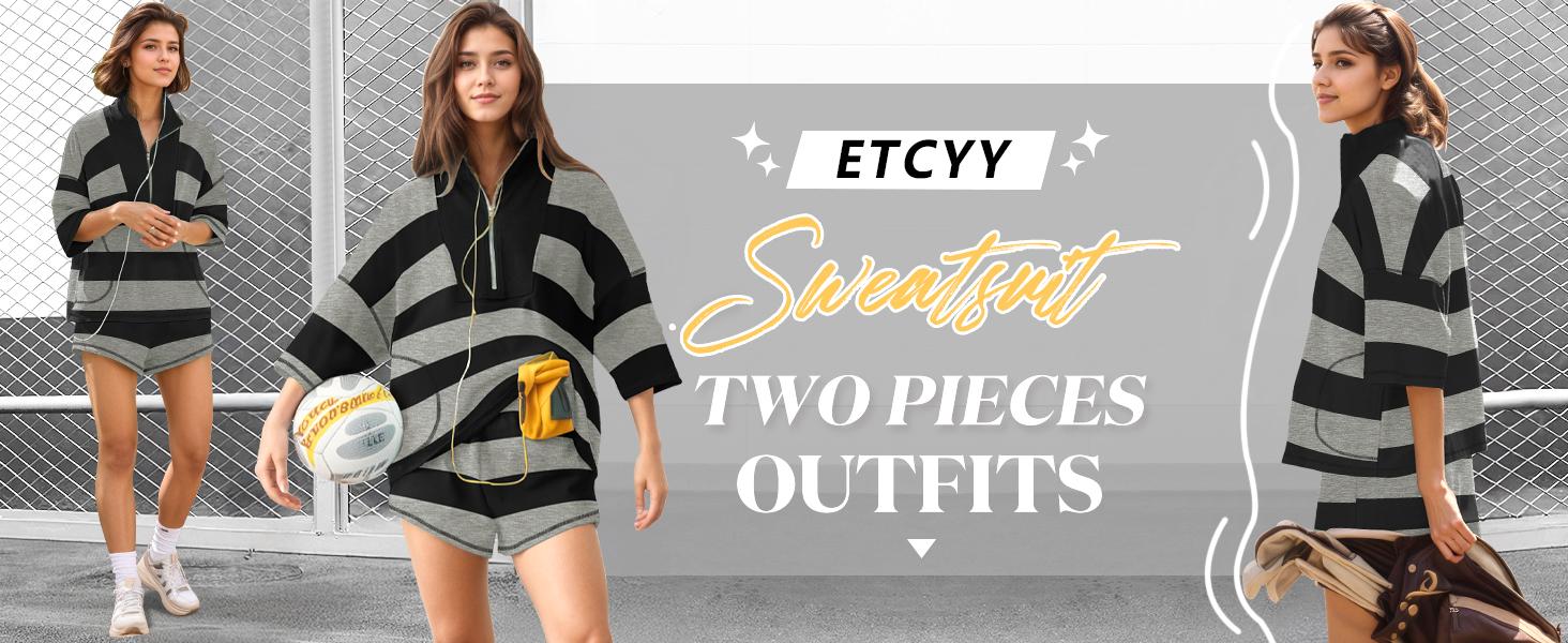 ETCYY Women's 2-Piece Lounge Set – Gamis Black & White Striped Oversized Shirt & Shorts Matching Sets Women, Fitted Suits, Casual Comfy Clothes for Travel, Workout, Streetwear, Stylish Daily Womenswear for Modern Women