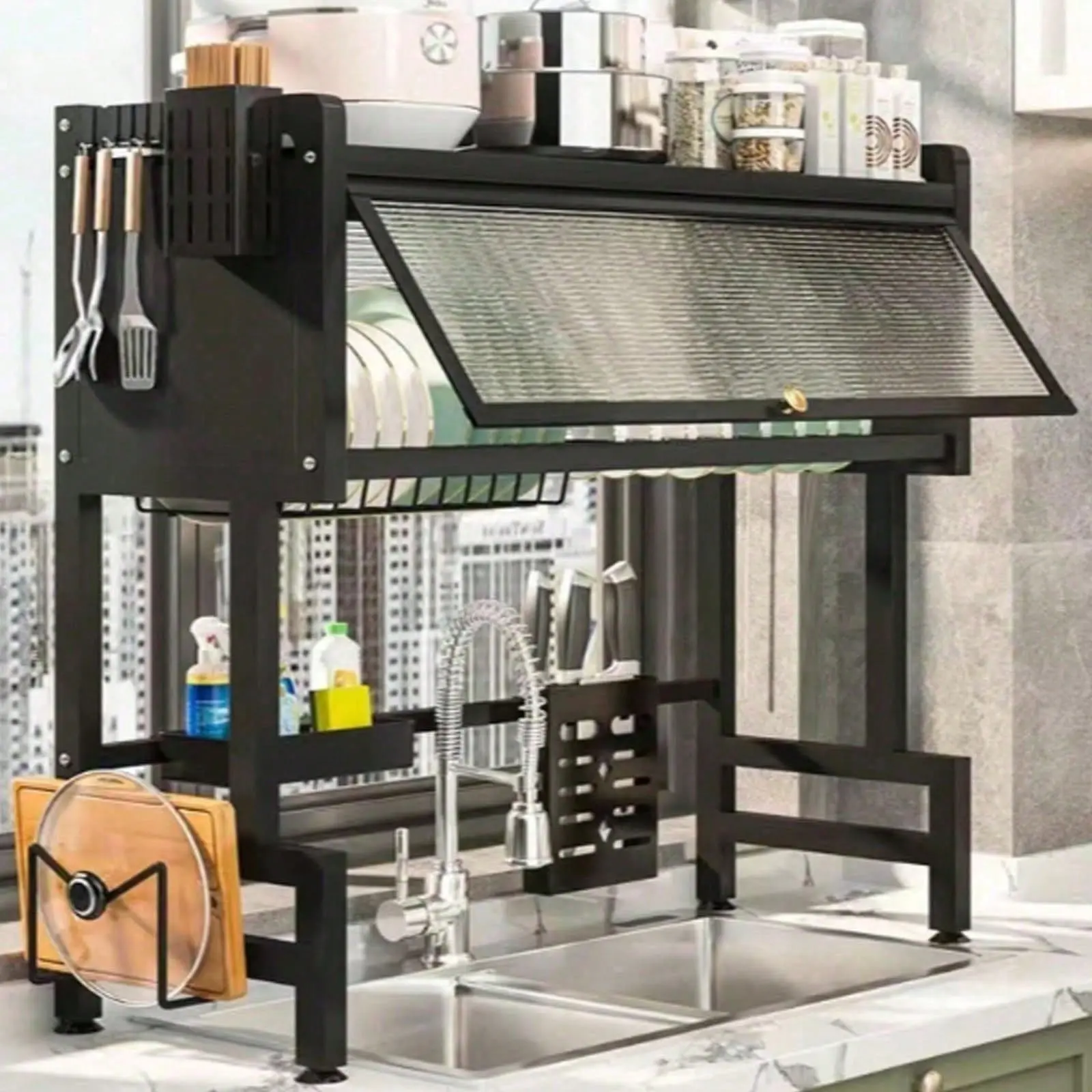 2-Tiered Minimalist Countertop Dish Draining Rack - Smooth, Adjustable Kitchen Sink Organizer with Utensil Storage