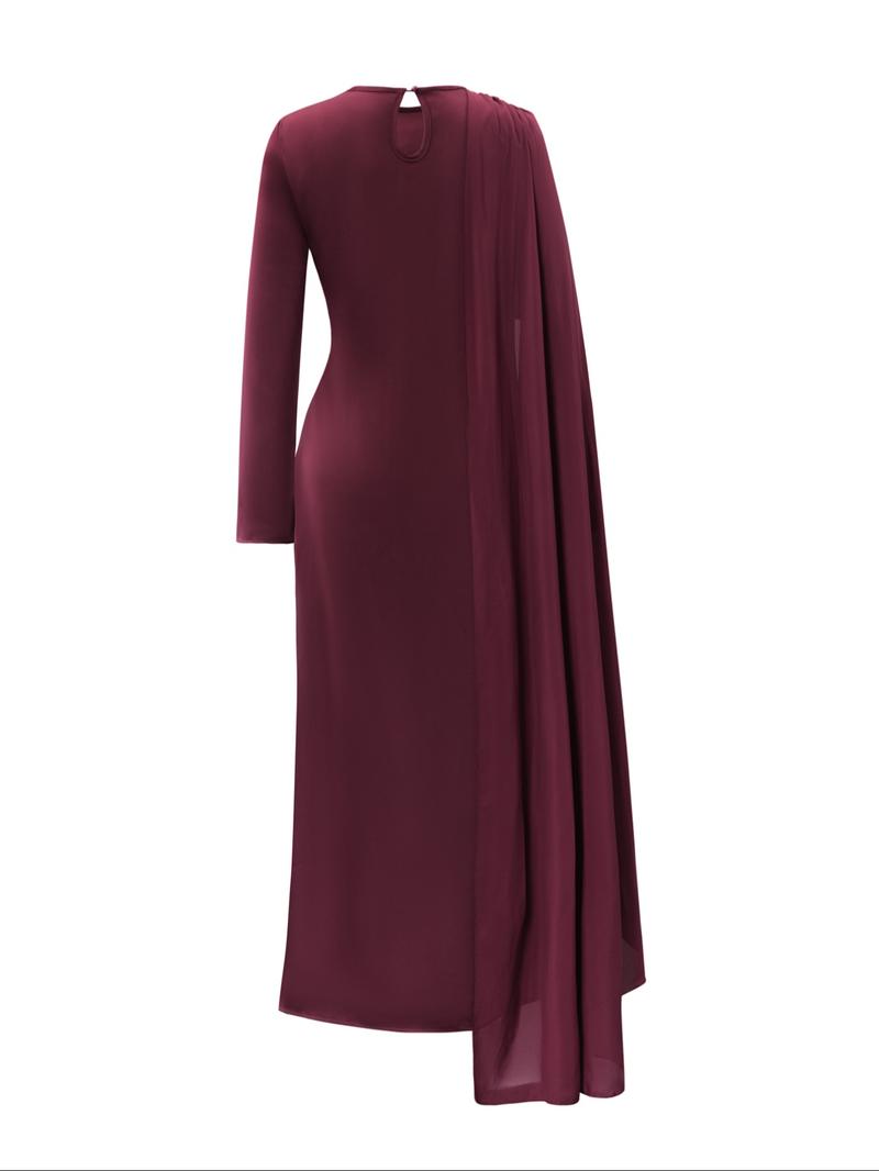 Pure Color Elegant Fashion One-Shoulder Cape Long Sleeve Dress, Fitted Style, Plain Pattern, Long Dress Length, Women's Clothing