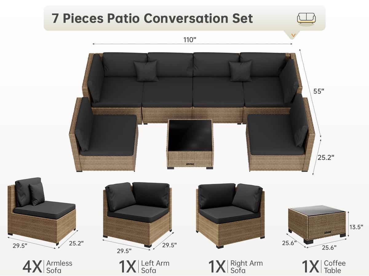 [2/3-Package Shipping] LHBCRAFT 5/7 Pieces Patio Conversation Sofa Set, Outdoor Furniture Set, Outdoor Wicker Sofa & Table, UV Resistan, PE Rattan,Splash-proof,Christmas gift