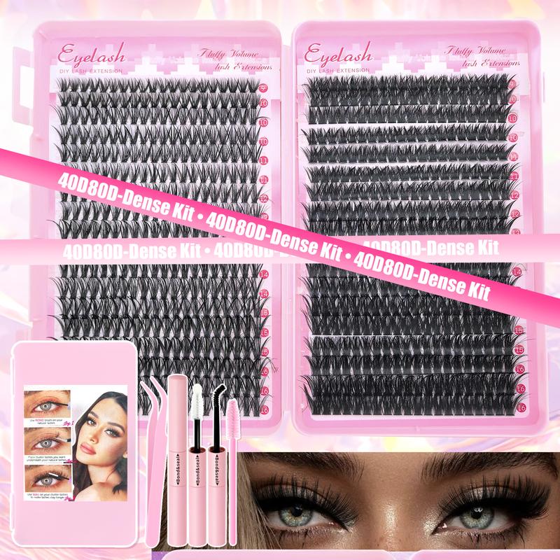 Natural & Thick Look Eyelash Extensions, 1 Box Mixed Length Individual Lashes with Glue & Tweezers & Brush, Eye Makeup Enhancement Tool for Women, Cosmetic