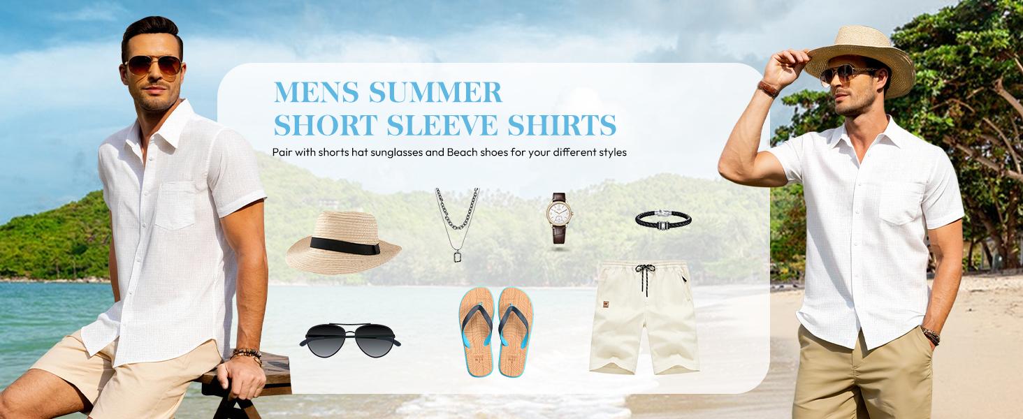 Alimens & Gentle Menswear Mens Linen-Cotton Fabric Plain Short-Sleeve Casual Button-Down Shirt, Lightweight Hippie Tropical Summer Beach Top, Shortsleeve