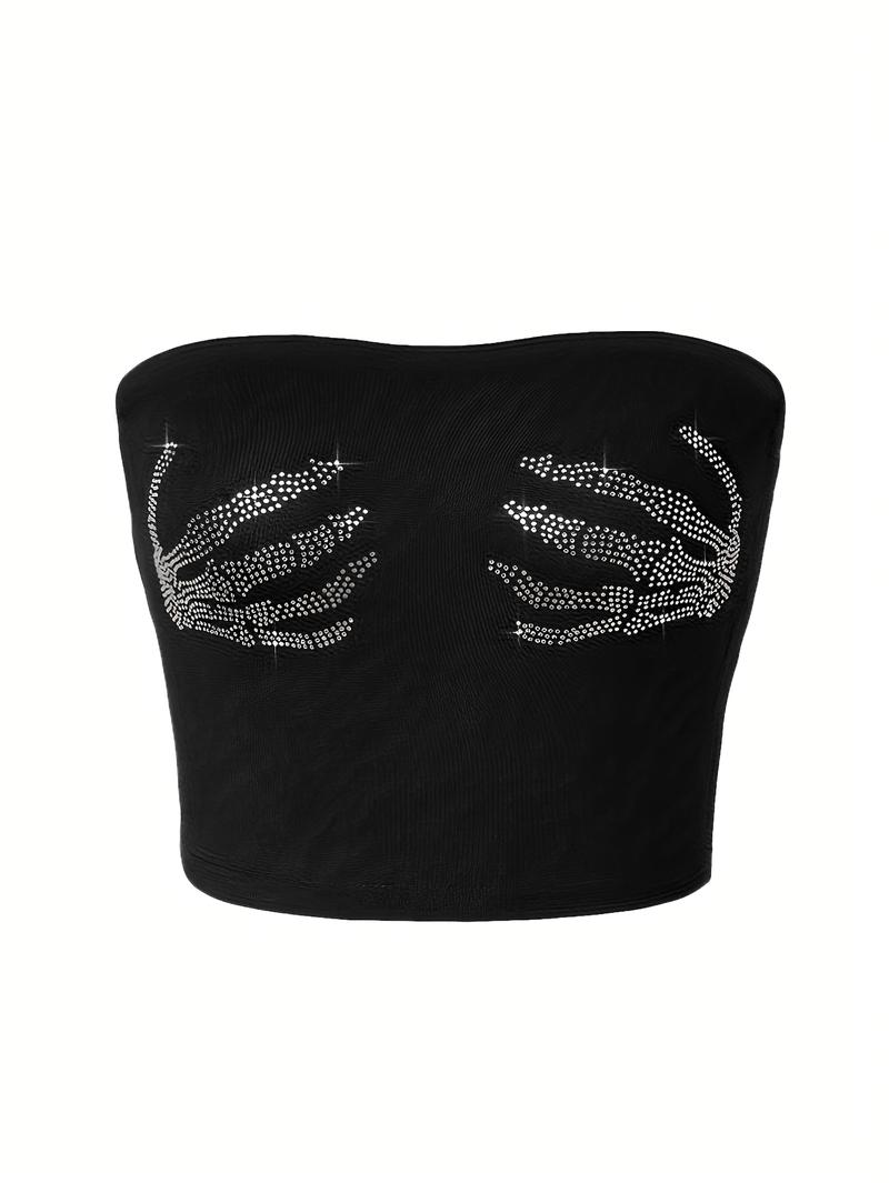 Women's Rhinestone Decorated Skeleton Hand Crop Tube Top, Fashionable Casual Sleeveless Cropped Strapless Top for Daily Outdoor Wear, Ladies Clothes for Summer, Womenswear Women's Rhinestone Decorated Skeleton Hand Crop Tube Top, Fashionable Casual Sleeveless Cropped Strapless Top for Daily Outdoor Wear, Ladies Clothes for Summer, Womenswear