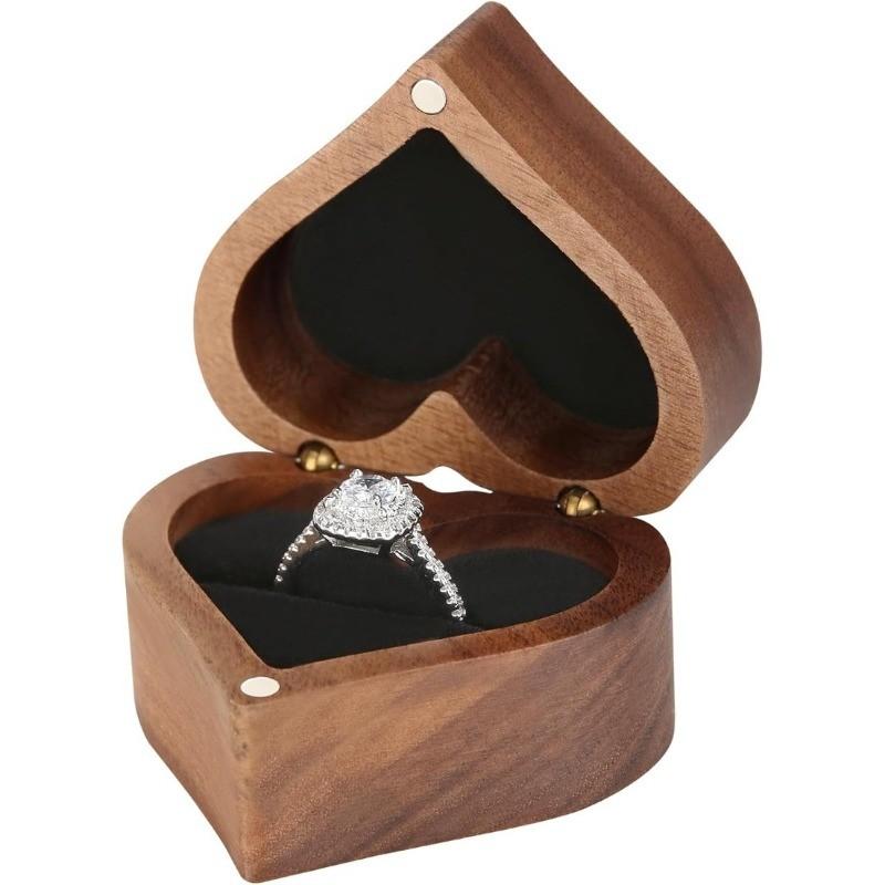 Wooden Heart Shape Ring Gift Box, Personalized Vintage Wood Jewelry Box, 2 Slot, for Proposal, Engagement, Wedding, Anniversary