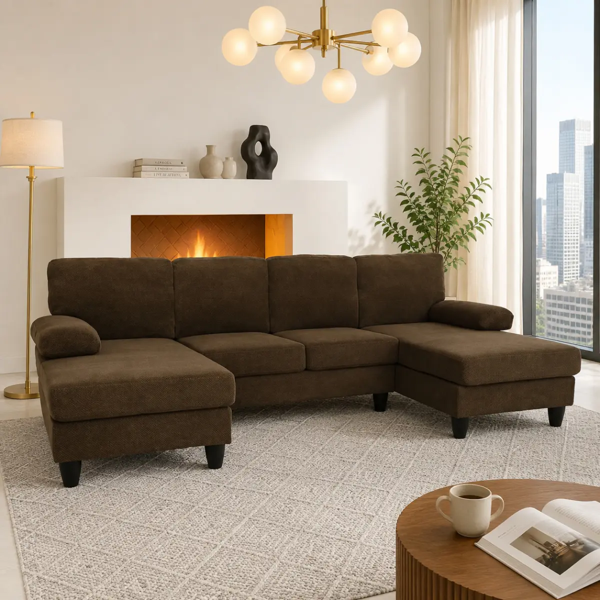 Modern U-Shaped Sectional Sofa with Dual Chaise, Nubby Fabric Upholstery, Padded Arms, Deep Seats, Foam Cushions, Spacious Design, Ideal for Living Room, Indoor Furniture