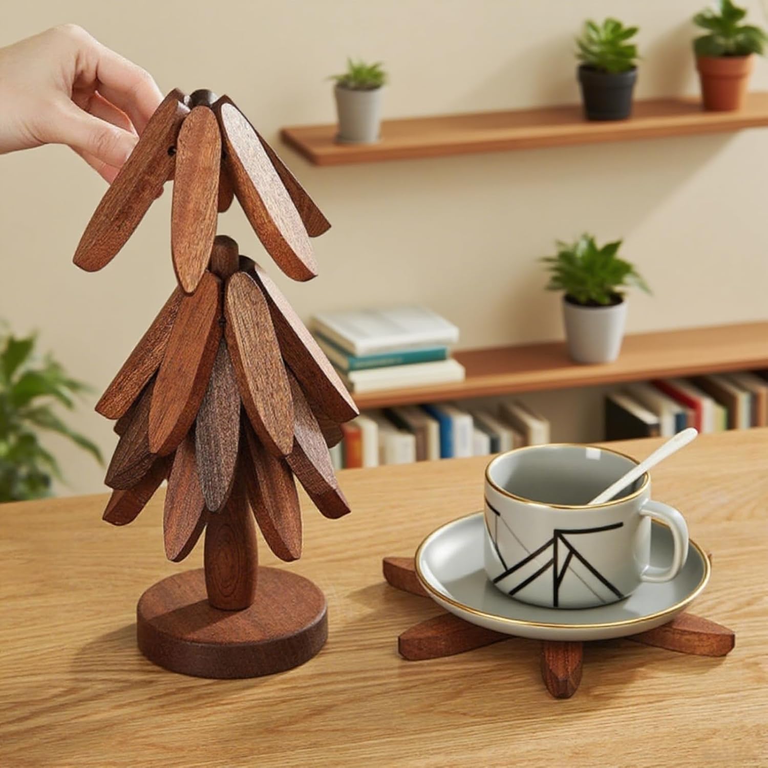 1 set of wooden insulating mats, wooden tree-shaped insulating mats, tree-shaped coaster sets, foldable wooden placemats, 5-piece sets (5 insulating mats+1 bracket), Wooden Coasters, suitable for hot pots/bowls/teapots, kitchen decoration, kitchen gadgets
