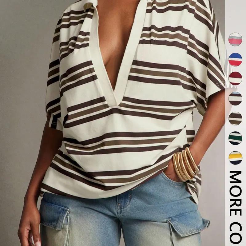 【Black Friday】Deep V-Neck Striped Polo Shirt, Loose-Fit Short Sleeve Casual Top, Comfortable & Stylish