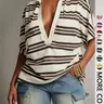 Deep V Collar Striped Polo Shirt, Loose-Fit Short Sleeve Casual Top, European and American Style T-Shirt, Comfortable and Stylish