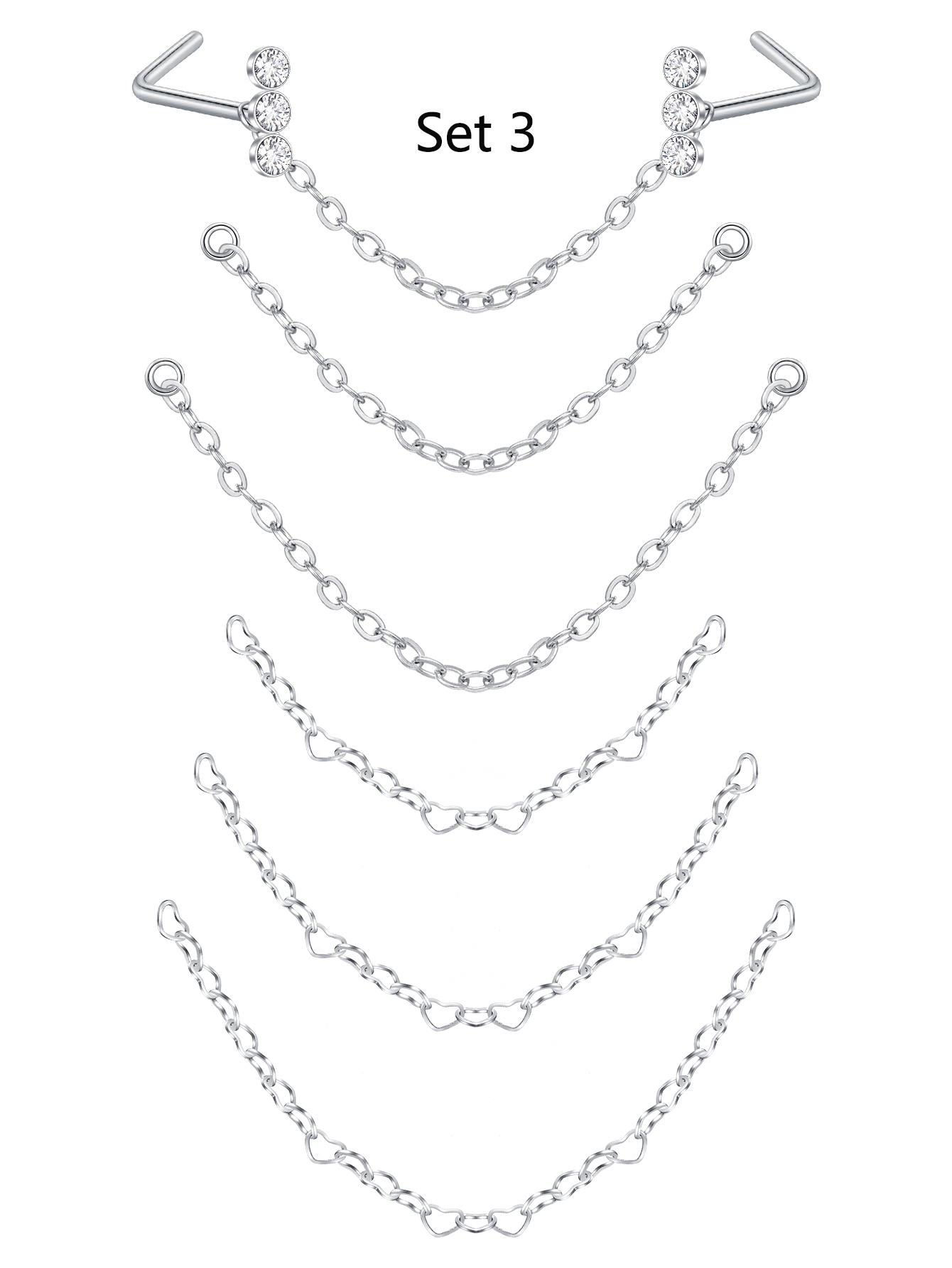 Stainless Steel Cz Nose Chain Piercing, 20g L Bone Shaped Nose Ring Chains for Women, Cz Nose Studs with Chains, Nostril Piercing Jewelry, Nose Piercing Kit